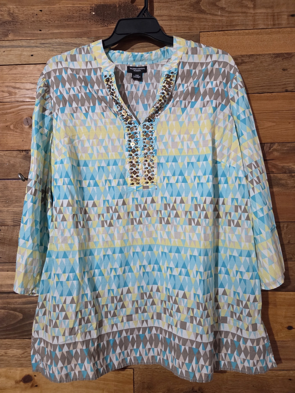 Geometric Boho Tunic Top Beaded Split Neck Cotton 3/4 Sleeve Relaxed Resort 16W